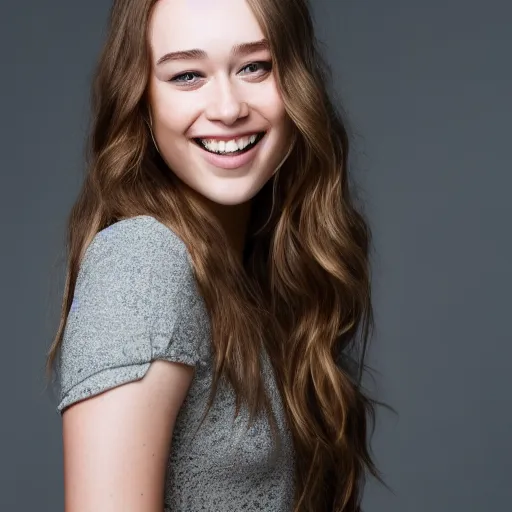 Image similar to alycia debnam carey smiling and standing while posing for a photo, award winning photography, hdr, studio lighting, dynamic pose, medium close shot, shot on canon eos r 5, f / 2. 5,