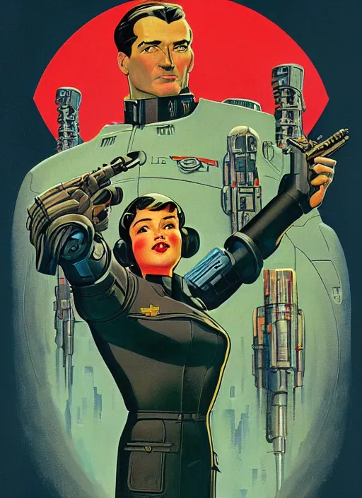 Prompt: soviet propaganda poster art. powerful cyberpunk pilot. portrait by jean giraud and anton otto fischer and john philip falter and will eisner and gil elvgren and pixar. full body. realistic proportions. science fiction d & d. overwatch, rb 6 s, cyberpunk 2 0 7 7, blade runner 2 0 4 9. cel shading. thick lines.