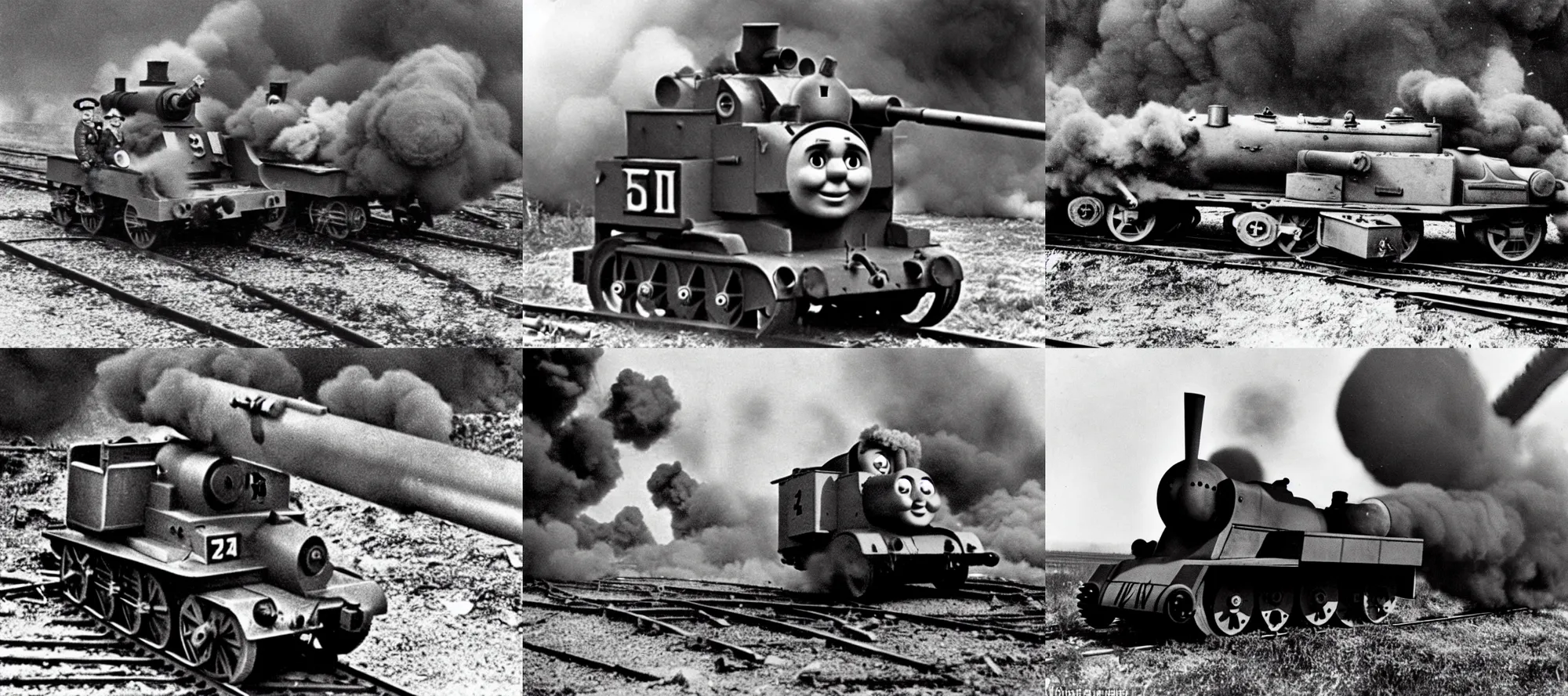 Prompt: WW2 era photograph, the face of Thomas the tank engine attached to a 800mm German super-heavy-mortar with a huge gun barrel shooting, there are german soldiers running around