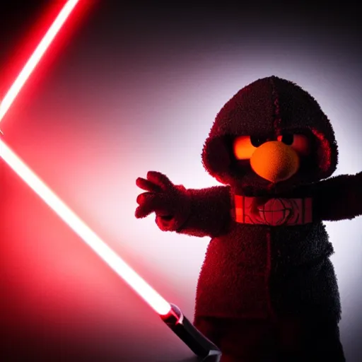 Image similar to Elmo as a dark lord of the sith weilding his red glowing light saber, studio portrait, mysterious lighting, 8K photograph