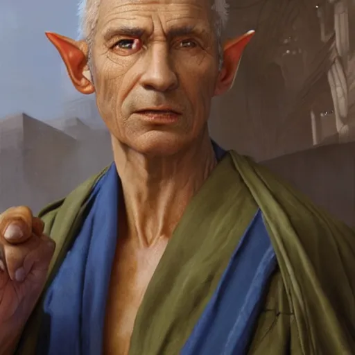 Prompt: A male elf in his late 50s, wrinkled olive coloured skin and a raised fist, blue robes, detailed face, highly detailed, cinematic lighting, digital art painting by greg rutkowski.