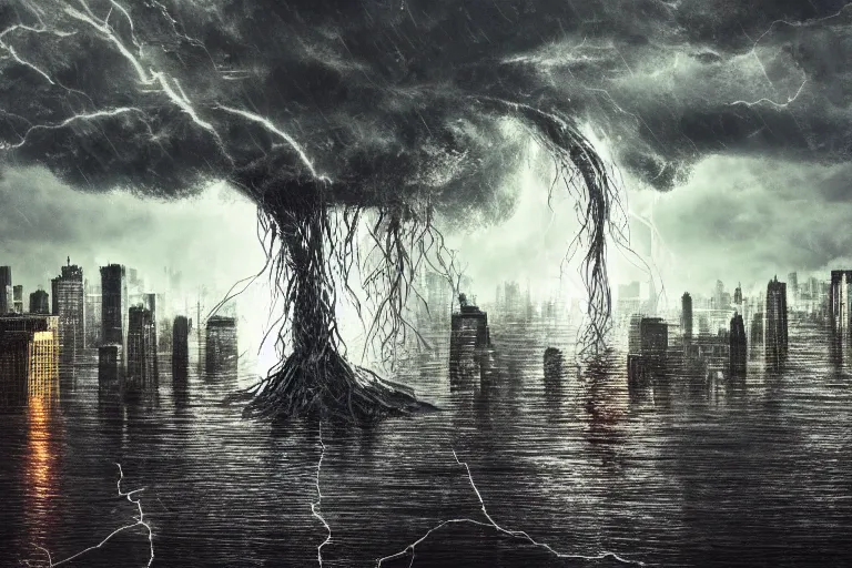 Image similar to monstrous tornado with creeping tendrils looming over a flooded city, flying debris, night, backlit, sprites, hyperdetailed, high contrast, unsplash, artstation