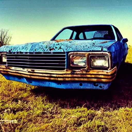 Image similar to A photograph of a rusty, worn out, broken down, decrepit, run down, dingy, faded, chipped paint, tattered, beater 1976 Denim Blue Dodge Aspen in a farm field, photo taken in 1989