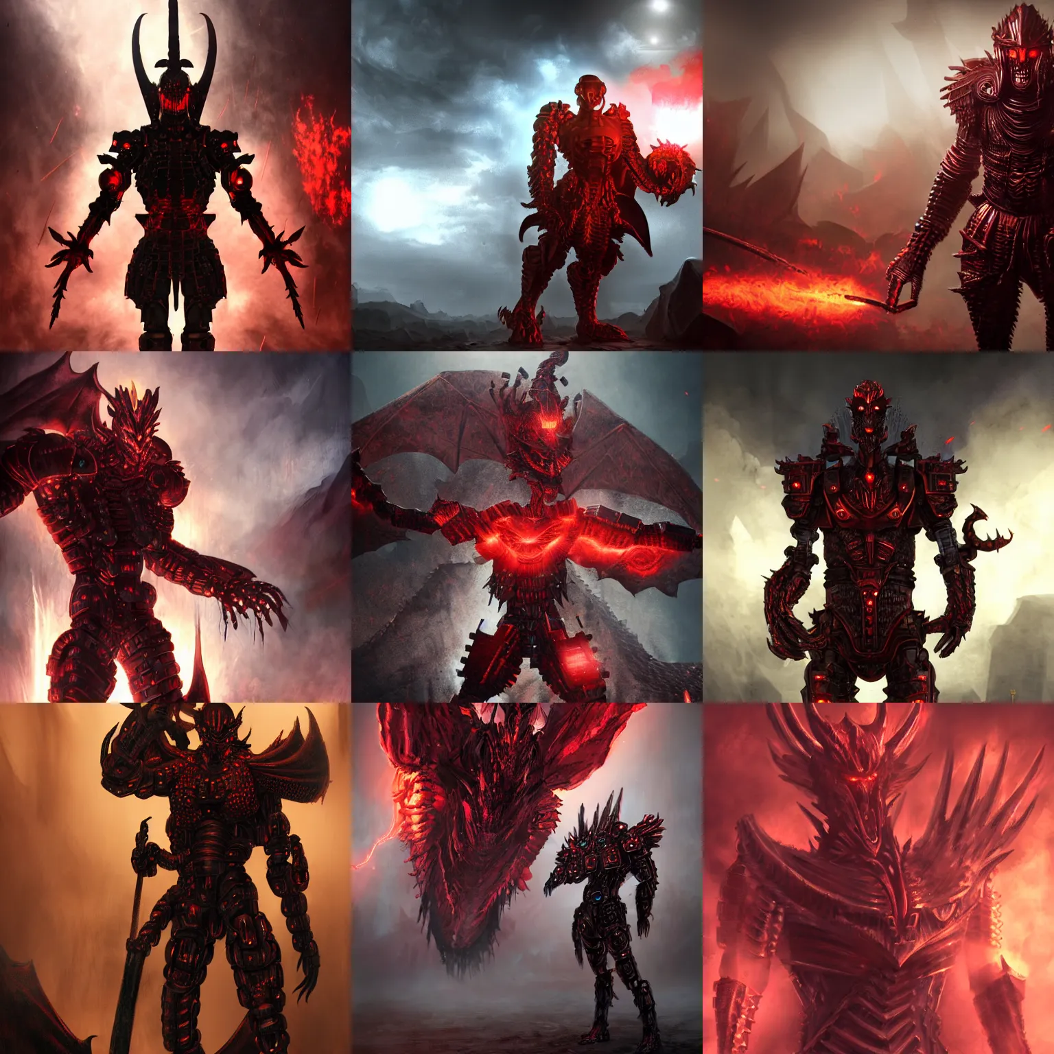 Prompt: ominous humanoid warrior with a body of dark red matte thick metal blocks as scales, cybernetic, fantasy artwork, realistic, evil, gritty, matte, dragon - like, burning scene in the background, volumetric lighting, detailed, rich iridescent colors