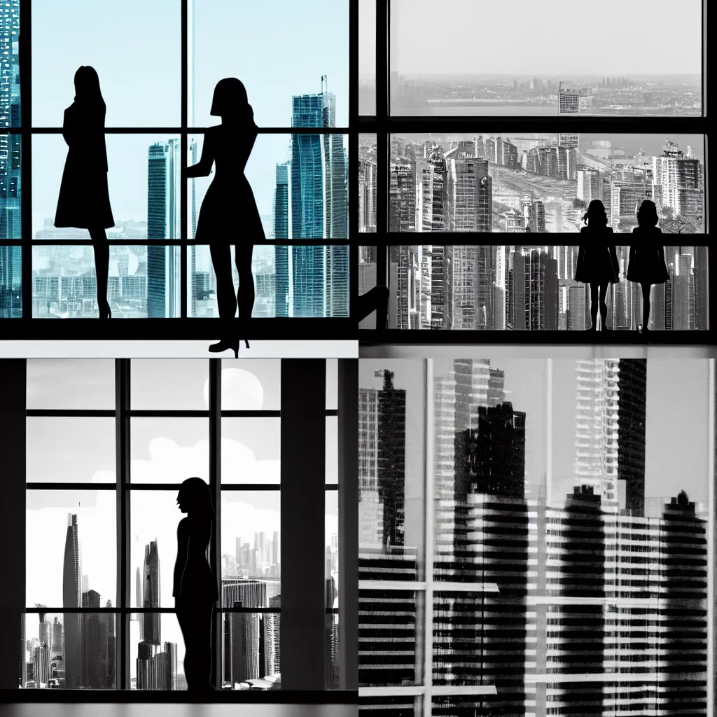 Prompt: View from window on megapolis, silhouette of women who watches to the window, style of sin city