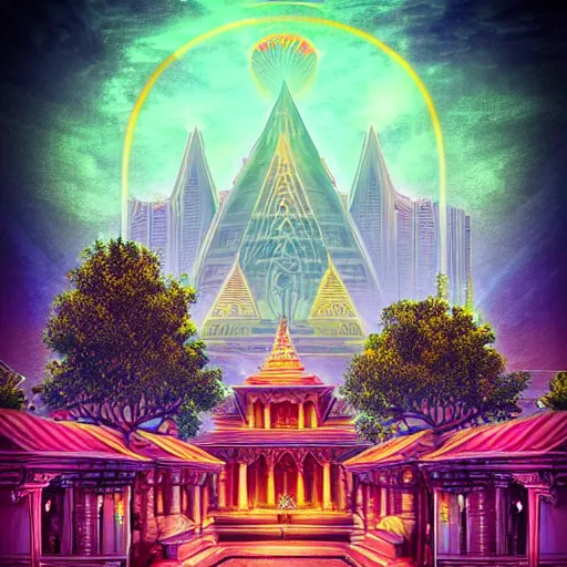 Image similar to mystical realistic poster with shaded lighting by arjun brooklyn radiant light, detailed and complex environment, solace, beautiful, utopic city with many buildings and temples, old growth pine trees, overlaid sacred geometry, with implied lines, gradient of hot pink and neon baby blue