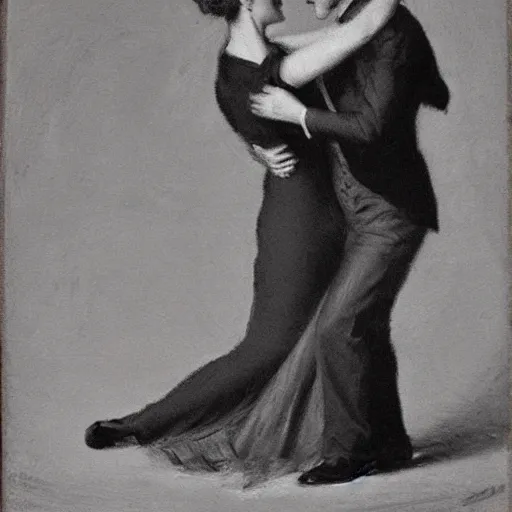 Prompt: old lady and young gentleman ballroom dancing by alfred stevens in charcoal