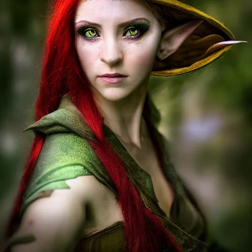 Prompt: portrait of a female elf,fantasy, D&D, HDR, natural light, medium close shot, dynamic pose, award winning photograph, Mucha style