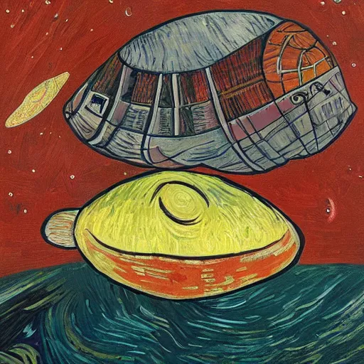 Image similar to painting of space ship in orbit around a planet, detailed, egg, colorful, shell, carapace, insect, bug, beatle, van gogh, hollow knight