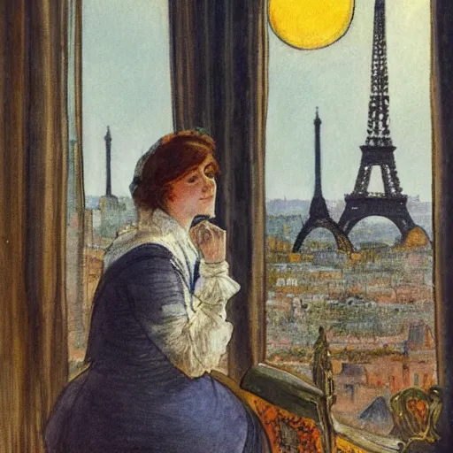 Image similar to a young edwardian woman sits in a window overlooking paris with the eiffel tower visible in the background, the moon is behind the eiffel tower, it's nighttime, in the style of Carl Larsson