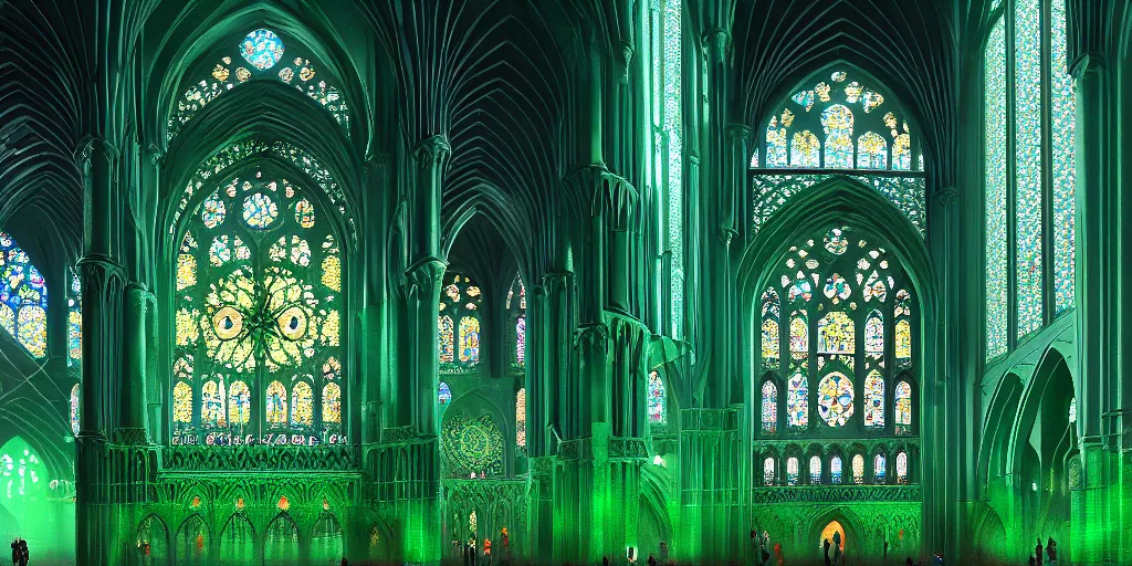 Prompt: giant islamic gothic cathedral made of intricate green malachite stone and colorful rose window. in style of greg rutkowski and hyung - tae kim, trending on artstation, dark fantasy, great composition, concept art, highly detailed, dynamic pose, vibrant colours, epic, 8 k.