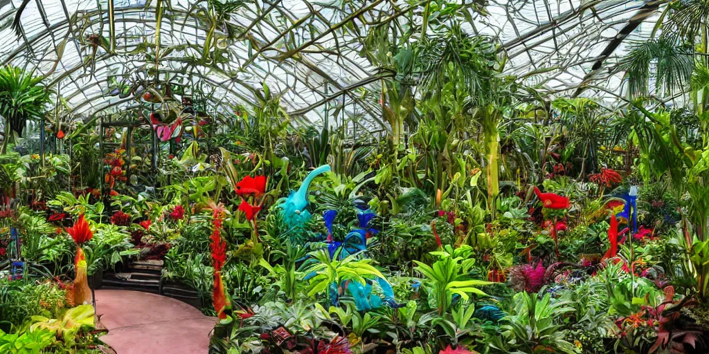 Prompt: magician's tropical greenhouse garden with colored glass coverhighly detailed, mysterious, comfort, 8 k