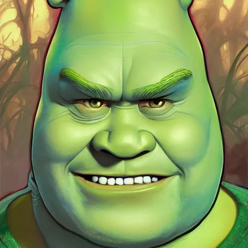 Image similar to shrek is a rich millionaire at rick and morty, highly detailed, digital painting, artstation, concept art, smooth, sharp focus, illustration, art by artgerm and greg rutkowski and alphonse mucha