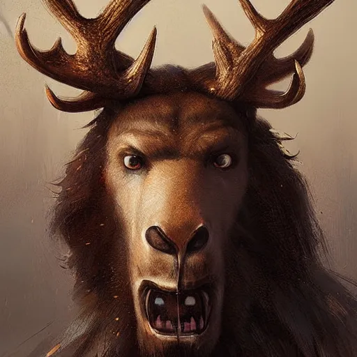 Image similar to hairy barbarian wearing moose head by greg rutkowski