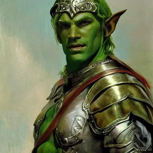 Image similar to medieval, attractive muscular male half elf half orc character design, armor, green skin, painting by gaston bussiere, craig mullins, j. c. leyendecker, tom of finland