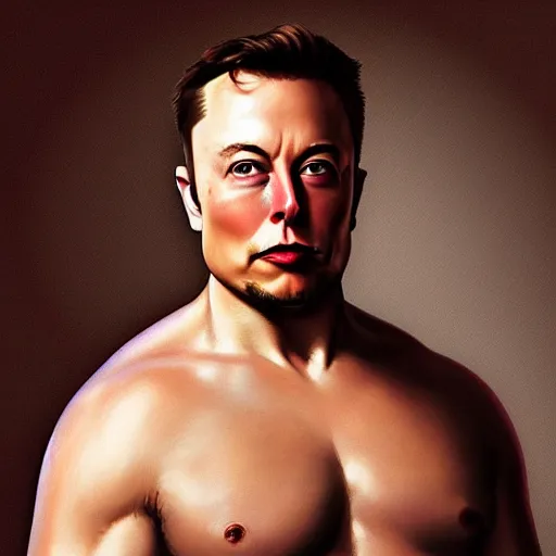 Prompt: “Elon Musk, the ultimate gigachad, incredibly muscular Elon Musk with chiseled jawline, trending on /r/moreplatesmoredates, oil on canvas artstation by J. C. Leyendecker and Edmund Blair Leighton and Charlie Bowater octane render”