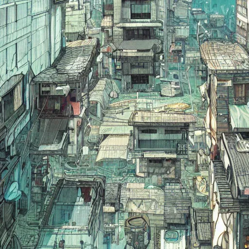 Prompt: decaying future city in the style of studio ghibli, beautiful, technology, hyperdetailed, hyperrealism, dystopian