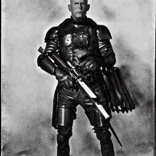 Image similar to old black and white photo, 1 9 1 3, depicting bruce willis in combat armor with guns, historical record, volumetric fog