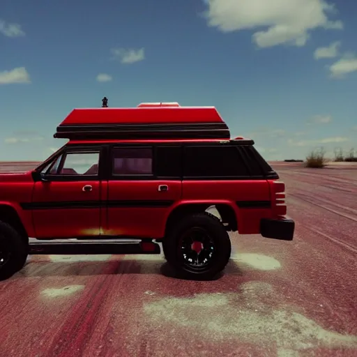 Image similar to 3 5 mm photo of metallic red suburban car like hot wheels model in area 5 1 as background, epic cinematic