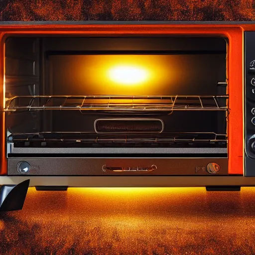 Image similar to toaster oven hangig by metallic cables, symmetry, dark messy smoke - filled cluttered workshop, dark, dramatic lighting, orange tint, sparks, cinematic, highly detailed, sci - fi, futuristic, movie still