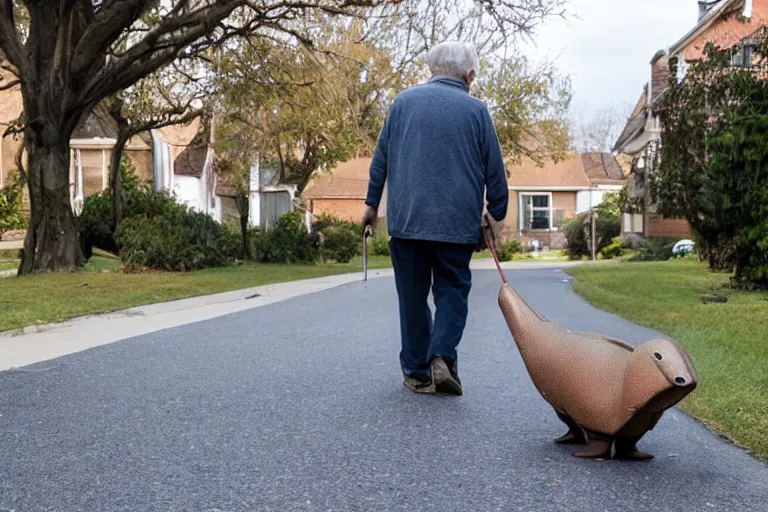 Image similar to Old man walking his platypus on a residential street