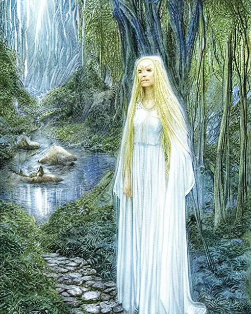 Prompt: galadriel in lothlorien, art by alan lee and keith parkinson