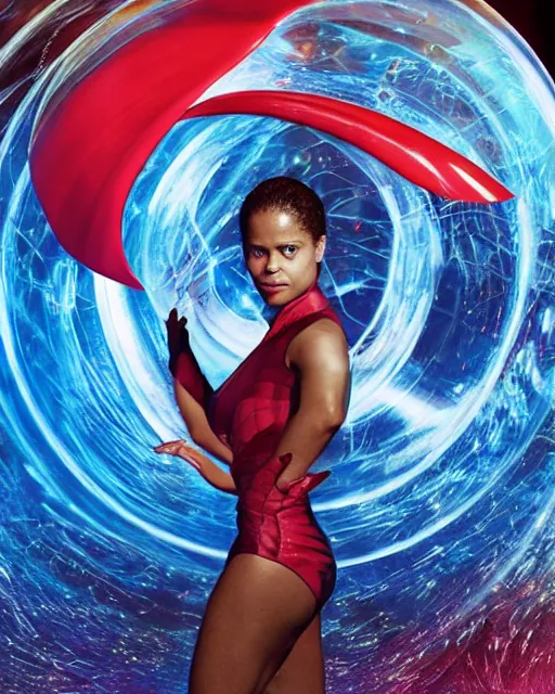 Image similar to beautiful actress gugu mbatha - raw as superhero sue storm in live action fantastic four movie, gugu is practicing creating a giant iridescent soap like bubble force field around her body