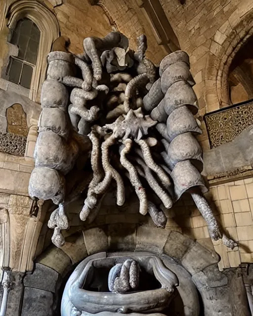 Prompt: a massive porcelain sculpture in a medieval castle of super mario spewing mushrooms from his mouth