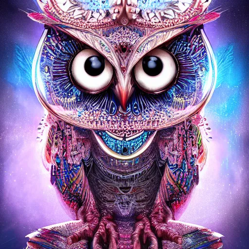 Image similar to detailed portrait of a alien magical owl, wearing a diamond crown, glowing feathers, halfway through, hyper detailed, stylistic, symmetrical, ethereal bohemian, detailed render, hdr, octane render