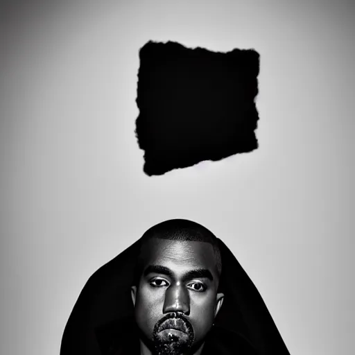 Image similar to a chiaroscuro lighting portrait of kanye west dressed as rick owens, black background, portrait by julia margaret cameron, shallow depth of field, 8 0 mm, f 1. 8