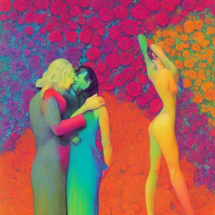 Prompt: portrait of women hugging made of colorful rainbow fractal flowers hugging Edward Hopper and James Gilleard, Zdzislaw Beksinski, highly detailed