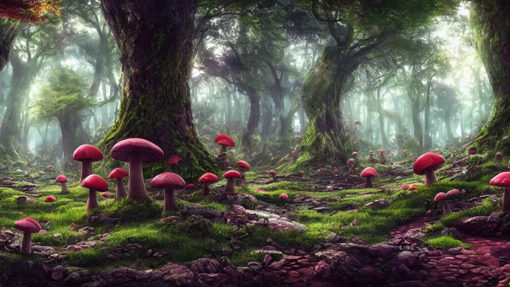 Prompt: mushroom forest, fantasy artwork, very very very beautiful scenery, hd, hdr, ue5, ue6, unreal engine 5, cinematic 4k wallpaper, 8k, ultra detailed, high resolution, artstation, award winning