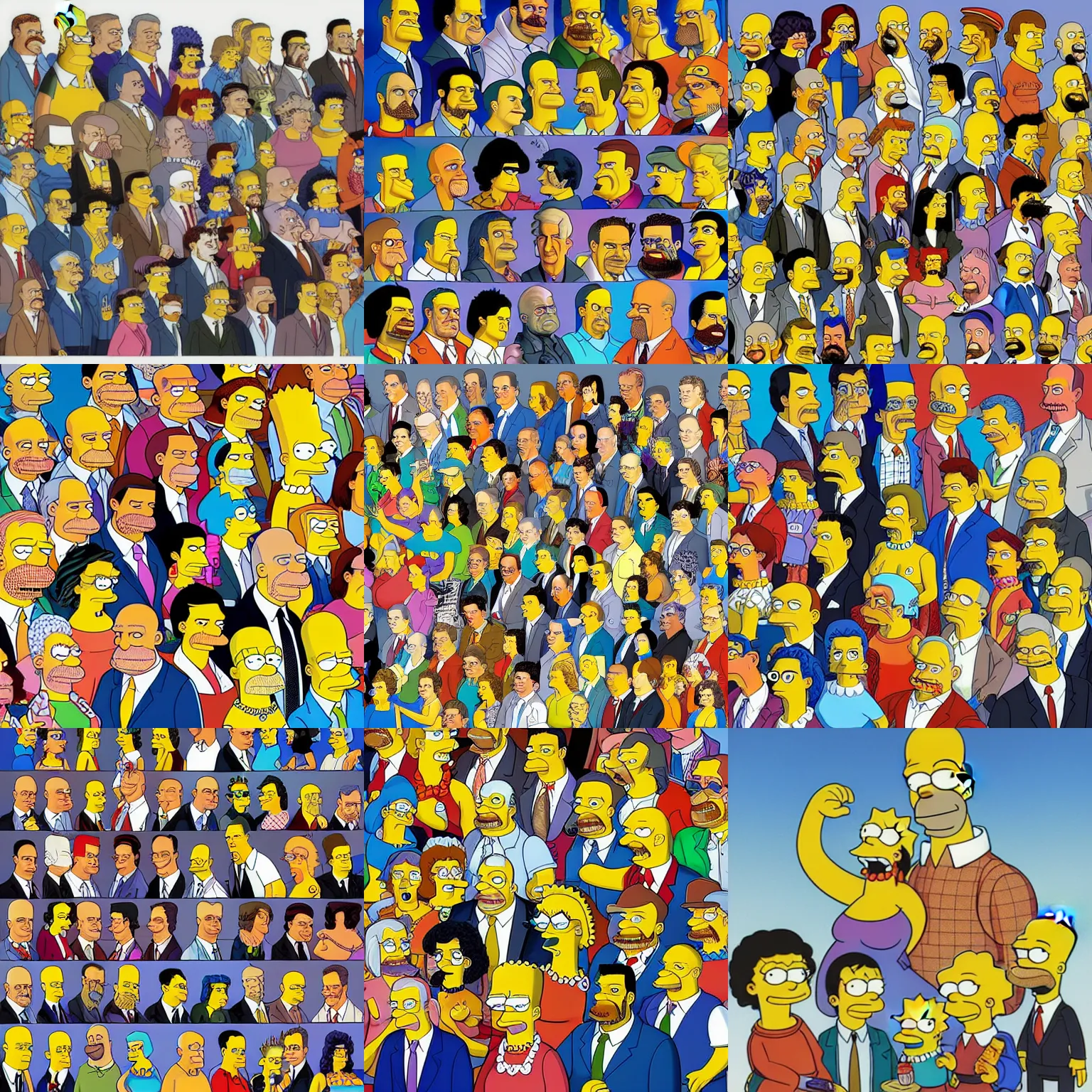 Prompt: Everybody in Springfield, Simpsons by Joe Jusko, rendered in hyperdetailed Ultra HD, trending on ArtStation, luminous