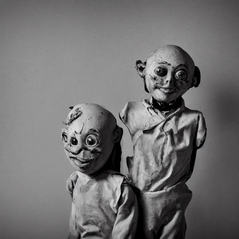 Image similar to creepy ventriloquist dummy in the style of roger ballen, 4 k, bw, portrait