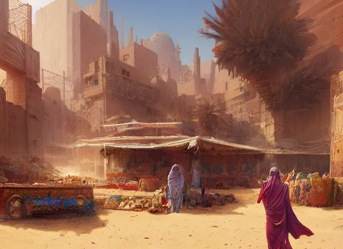 Prompt: Trader's City Kvar. Middle eastern buildings in the desert. Oasis. Colorful tapestries. a fantasy digital painting by Greg Rutkowski and James Gurney, trending on Artstation, highly detailed