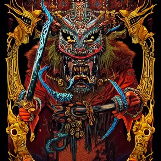 Image similar to barong family ancient sword with jewels, wiwek, mara demon, one single tribe member, jungle, one single mask, dark, tribal, inner glow, art by dan mumford and justin gerard