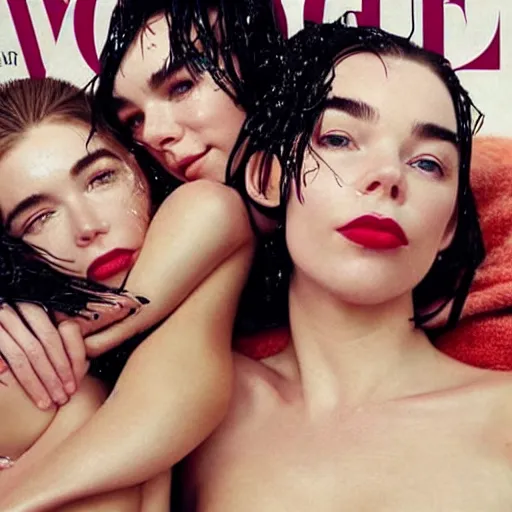 Image similar to stunning vogue magazine photo of dark - haired goddesses vanessa kirby, hailee steinfeld, and bjork smiling, legs intertwined, laying back on the bed, with wet faces!!, wet lips, smooth skin, perfect eyes, insanely detailed, elegant, by wlop, rutkowski, livia prima, mucha, wlop,