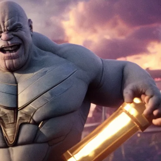 Image similar to a screenshot of Danny Devito playing Thanos in Avengers Endgame