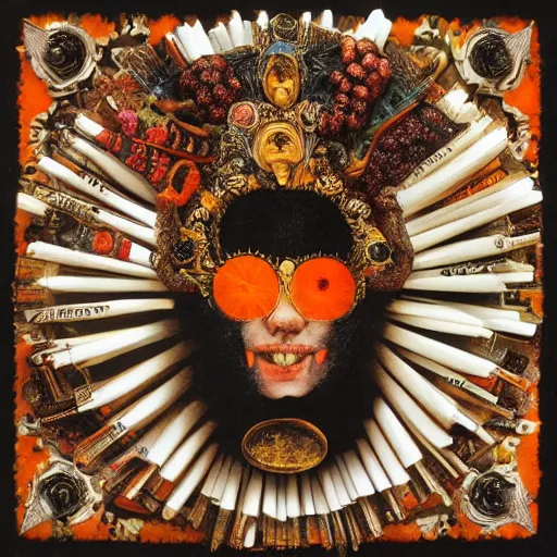 Image similar to album cover, religious reliquary, new age, black, white, orange, psychedelic, giuseppe arcimboldo