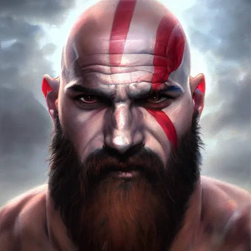 Image similar to kratos closeup portrait, dramatic light, lake background, 2 0 0 mm focal length, painted by stanley lau, painted by greg rutkowski, painted by stanley artgerm, digital art, trending on artstation