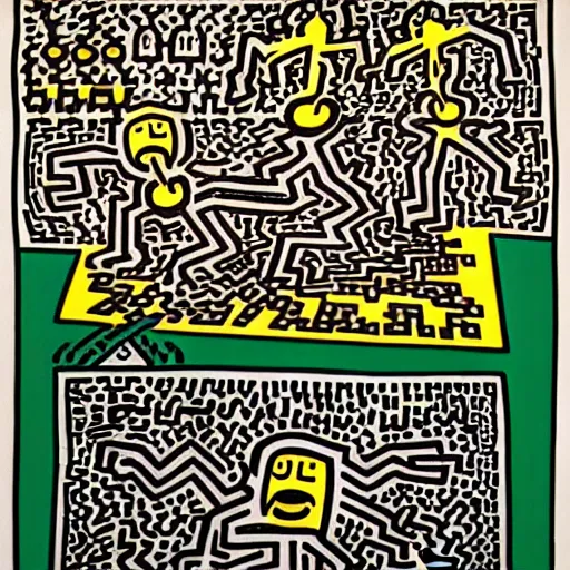 Image similar to outlaws and outsiders turn their back to the current society and create a new world in the style of keith haring