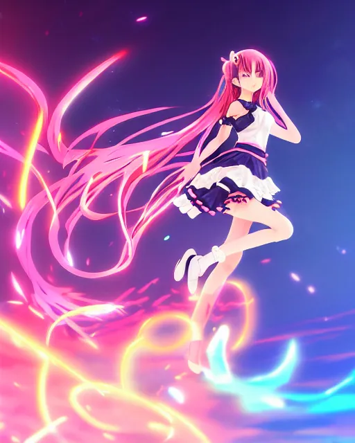 Image similar to anime style, vivid, expressive, full body, 4 k, painting, a cute magical girl idol with a long wavy hair wearing a dress fighting monsters, correct proportions, stunning, realistic light and shadow effects, neon lights, studio ghibly makoto shinkai yuji yamaguchi