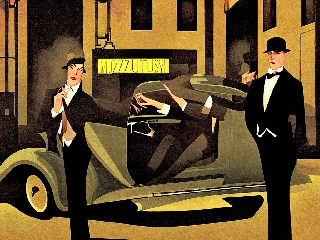 Prompt: an elegant man getting out of a car in front of a foggy jazz nightclub on a desert street, dimly lit upscale 1920s speakeasy, relaxed pose, art deco, detailed painterly digital art style by Coles Phillips, retro vibe, furaffinity, 🍸, 8k octane beautifully detailed render, post-processing, extremely hyperdetailed, intricate, epic composition, grim yet sparkling atmosphere, cinematic lighting + masterpiece, trending on artstation, very detailed, vibrant colors, Art Nouveau, masterpiece, romanticism