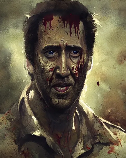 Image similar to hyper realistic photo portrait nicholas cage bearded zombie cinematic, greg rutkowski, james gurney, mignola, craig mullins, brom