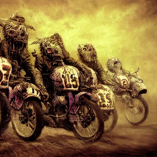 Image similar to motorbikers race in hell, horror art, purple and green hour, by beksinski, szukalski, giger, pyromallis, dzo, iris compiet, seb mckinnon, digital art, highly detailed, intricate, sharp focus, trending on artstation hq, deviantart, pinterest, unreal engine 5, 4 k uhd image