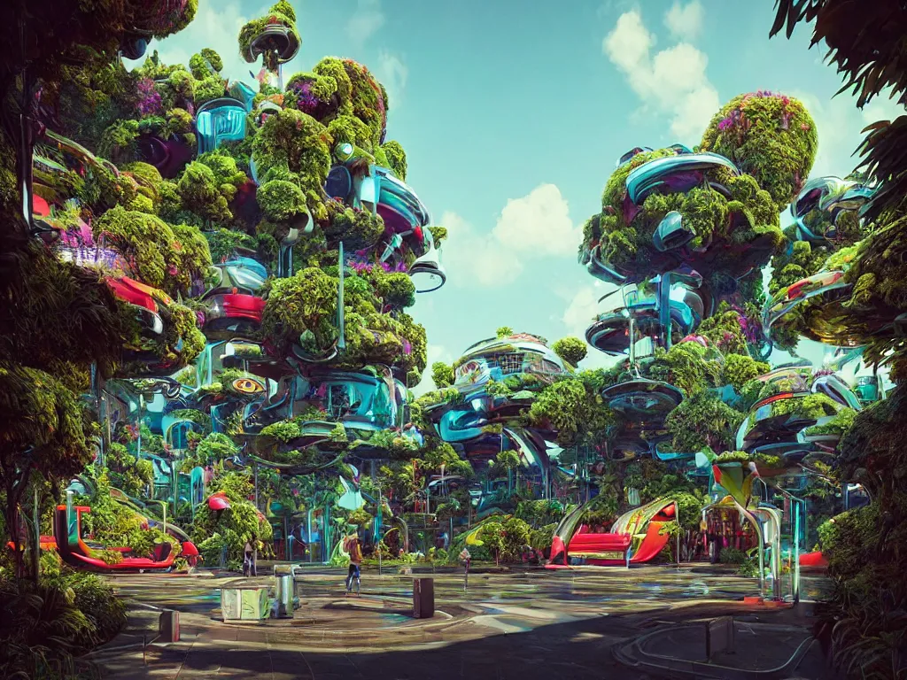 Image similar to 80s futuristic outdoor retro arcade, desolate, lush vegetation:: by beeple and James Gilleard and Justin Gerard :: ornate, dynamic, particulate, intricate, elegant, highly detailed, centered, artstation, smooth, sharp focus, octane render, 3d