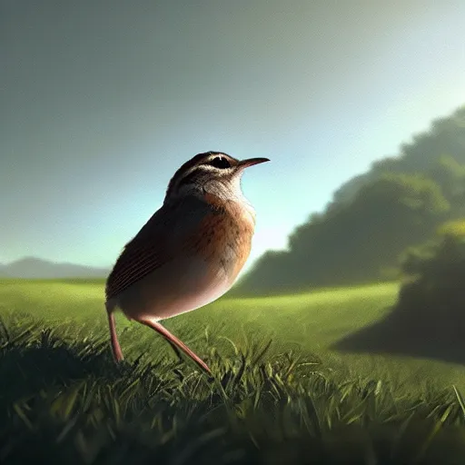 Image similar to closeup of a wren bird in avila, river edge, green fields, summer season, 4 k, midday light, concept art, by wlop, ilya kuvshinov, artgerm, krenz cushart, greg rutkowski, pixiv. cinematic dramatic atmosphere, sharp focus, volumetric lighting, cinematic lighting, studio quality