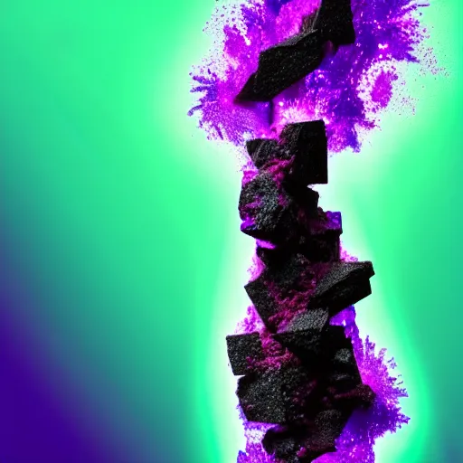 Image similar to 3D statue!!!, purple shattered paint!, glowing lava!!!, conglomerate!, slush!!, organized composition!, abstract!, black backdrop!, 4k!, award-winning photo!!!!