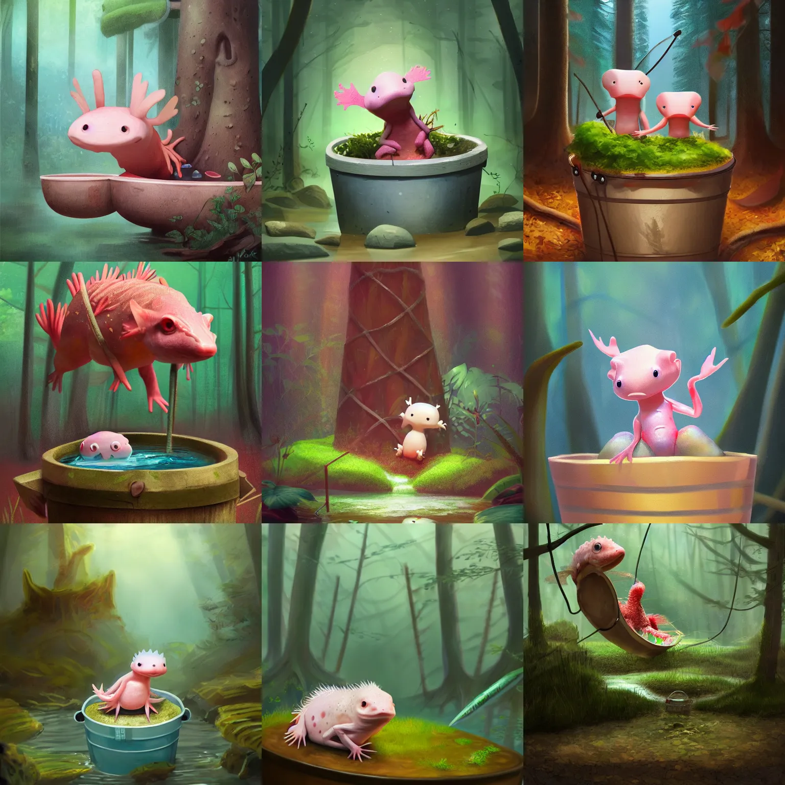 Prompt: axolotl sitting in a bucket with a forest background, award winning art, trending on artstation, digital art, painting, matte painting, render