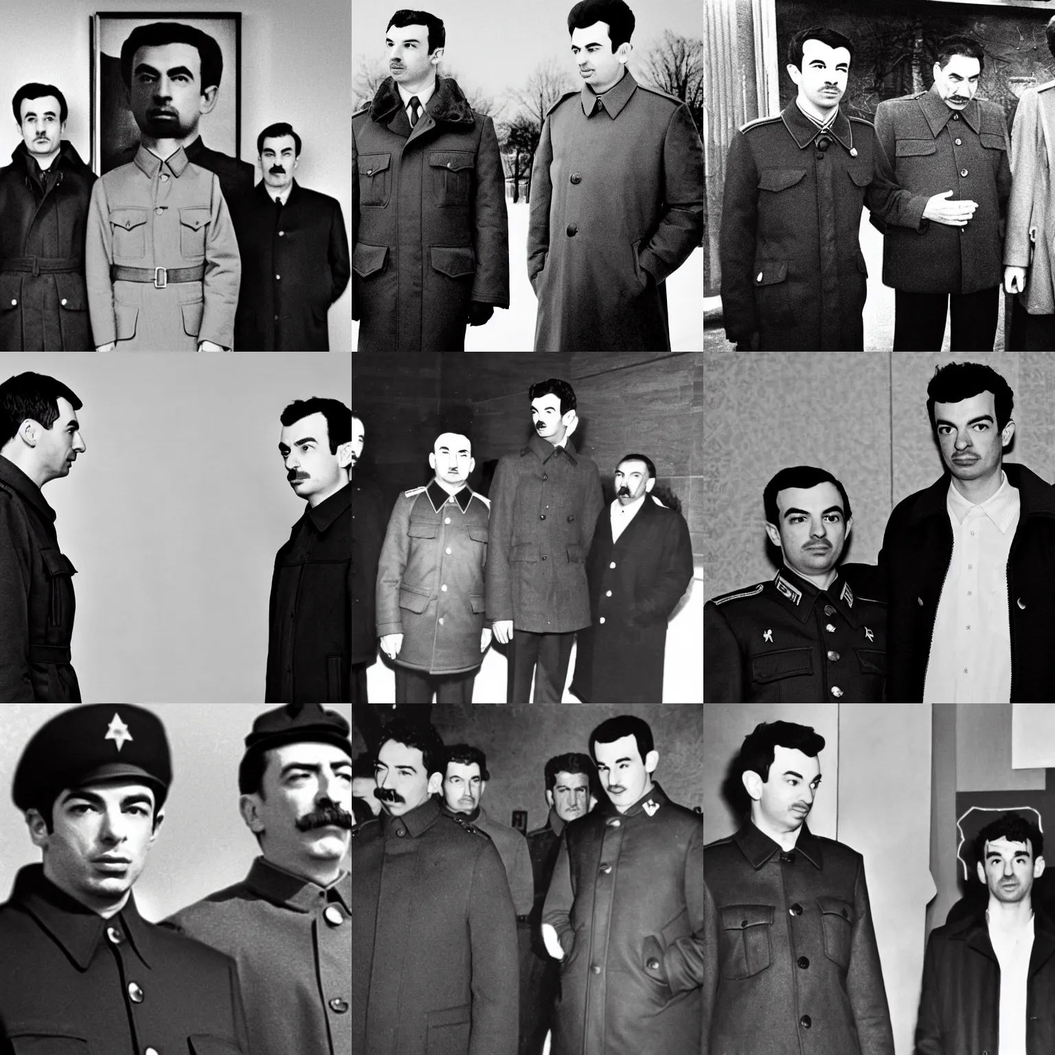 Image similar to Nathan For You, Nathan Fielder, Standing next to Joseph Stalin, Winter coats, somber solemn black and white photo